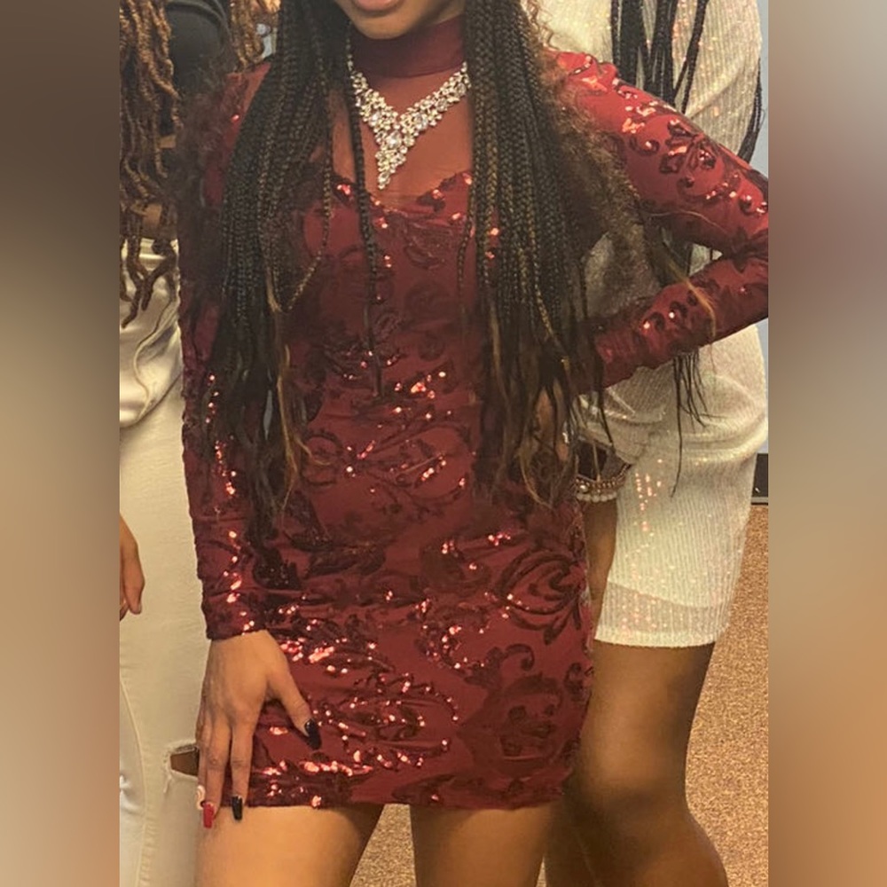 Burgundy long sleeve sparkly dress